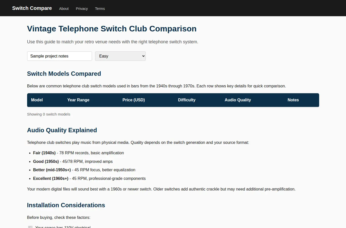 Screenshot of Vintage Telephone Switch Club Comparison interface showing the project page in use